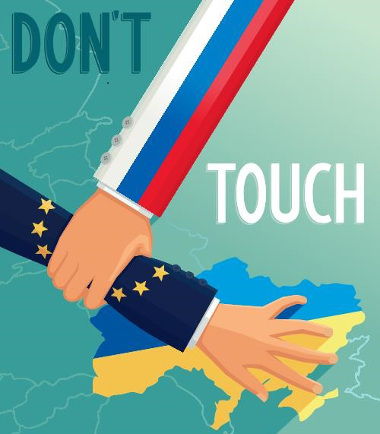 Representação da disputa entre Rússia e UE pela Ucrânia, em que está escrito “não toque”